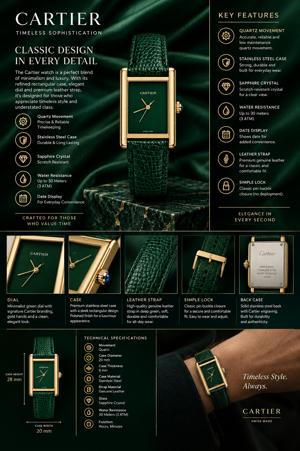Premium A+ Quality Green Dial Gold Luxury Cartier Watch
