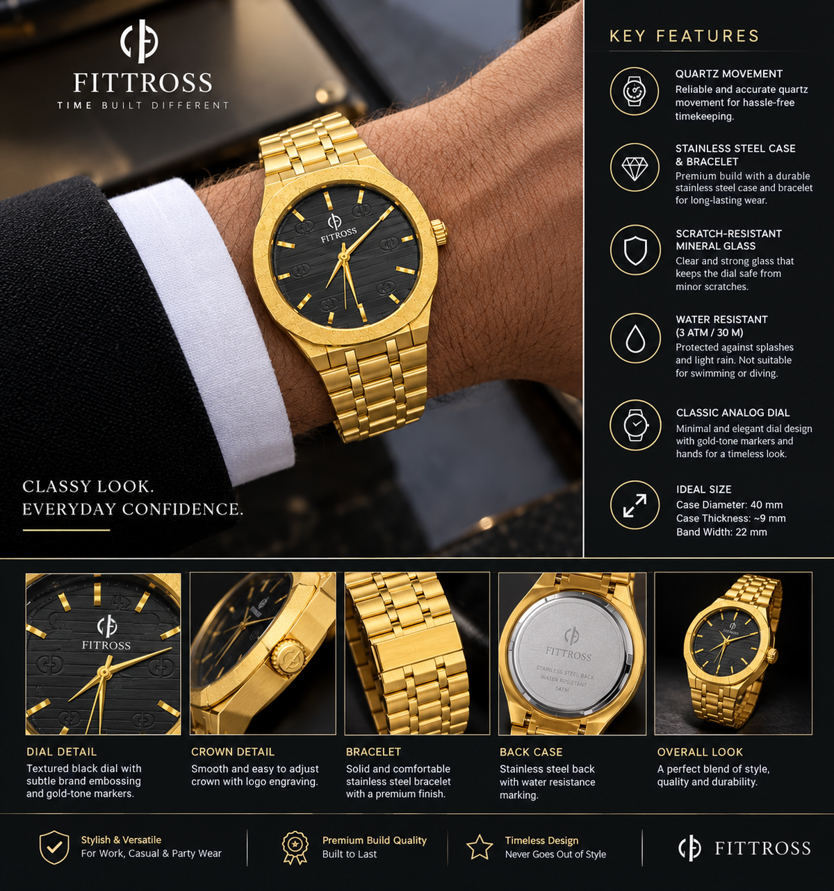 FITTROSS Golden Elegance – Luxury Black Dial Watch