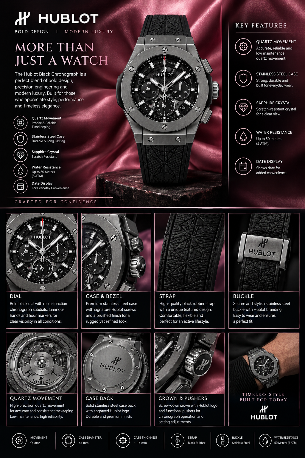 Hublot Men’s Black Chronograph Watch – Silver-Tone Case & Black Rubber Strap