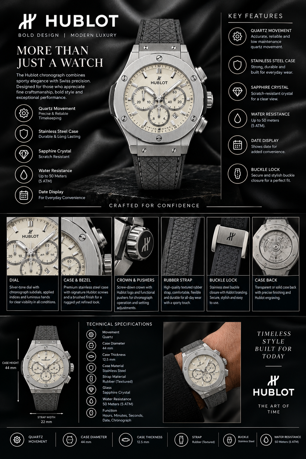 Hublot Luxury Chronograph Watch – Silver Dial with Premium Leather & Rubber Combo Strap