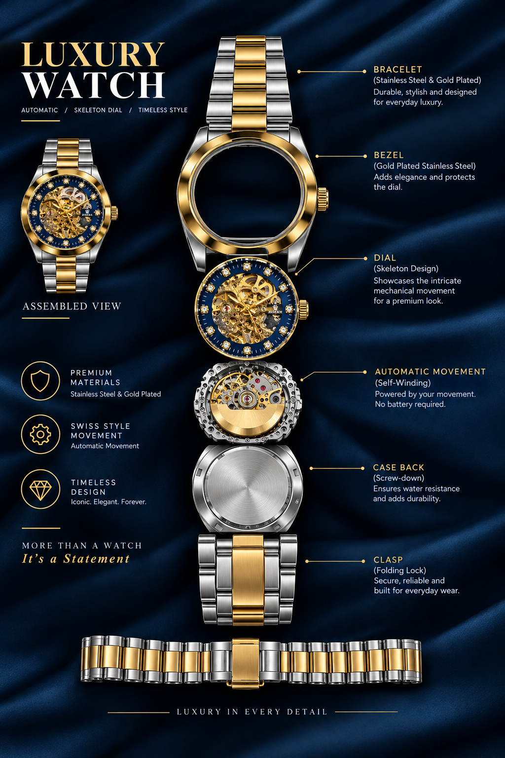 Rolex Luxury Automatic Watch – Blue Skeleton Dial, Gold & Silver Two-Tone Bracelet
