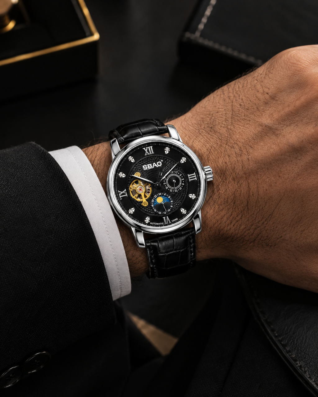 SBAD Luxury Automatic Watch – Black Skeleton Dial, Silver Case & Premium Leather-Rubber Combo Strap