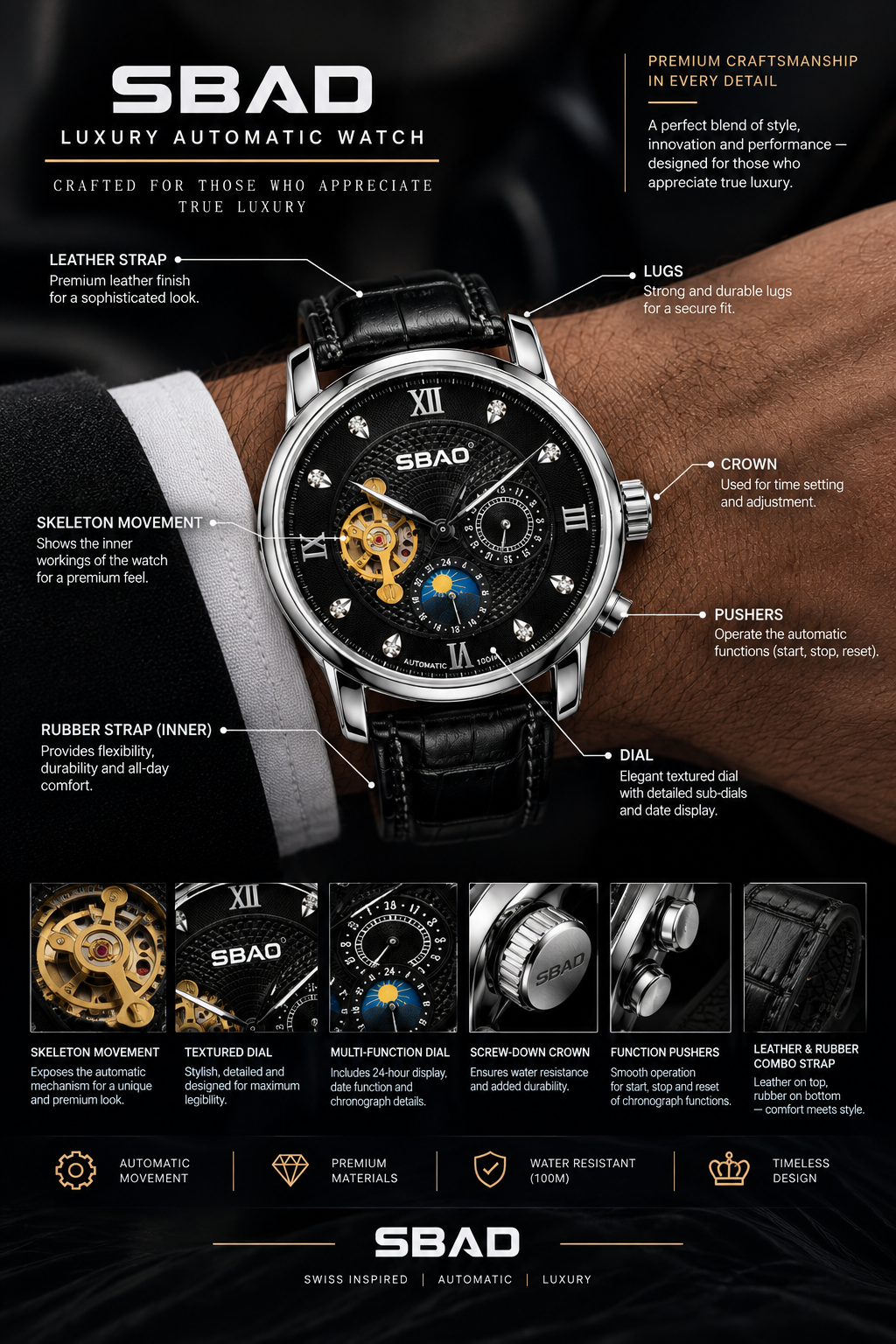 SBAD Luxury Automatic Watch – Black Skeleton Dial, Silver Case & Premium Leather-Rubber Combo Strap