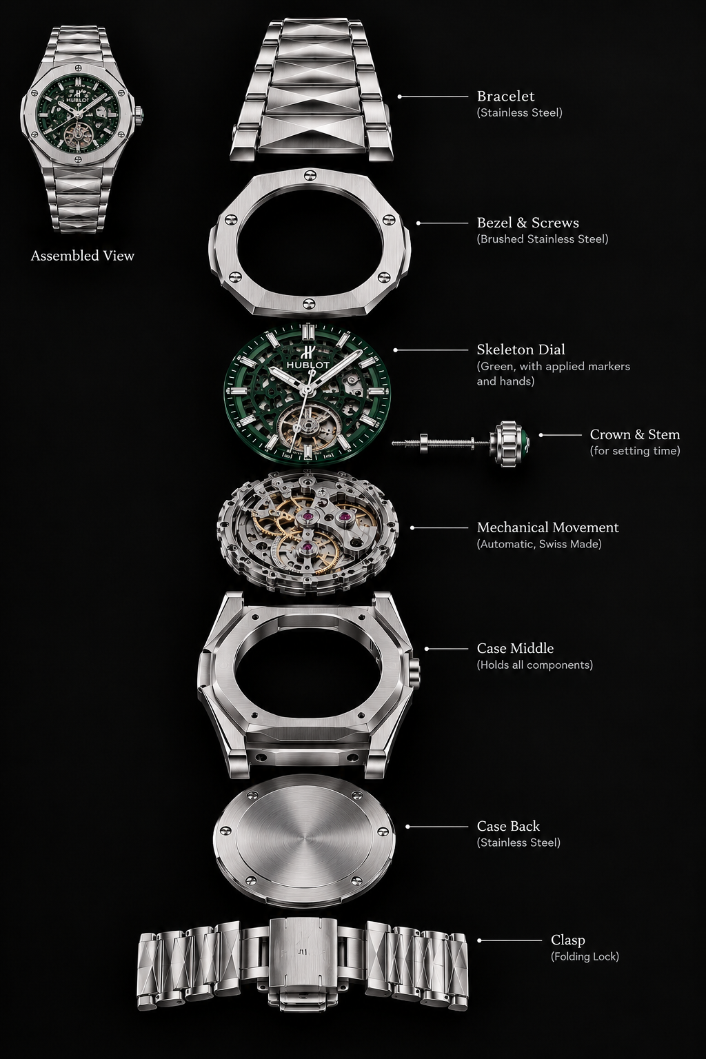 Hublot Green Skeleton Dial Silver-Tone Luxury Watch – A+ Quality