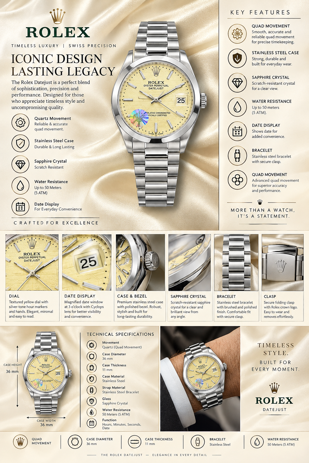 Rolex Datejust Luxury Watch – Champagne Dial, Silver Stainless Steel Bracelet & Classic Elegance