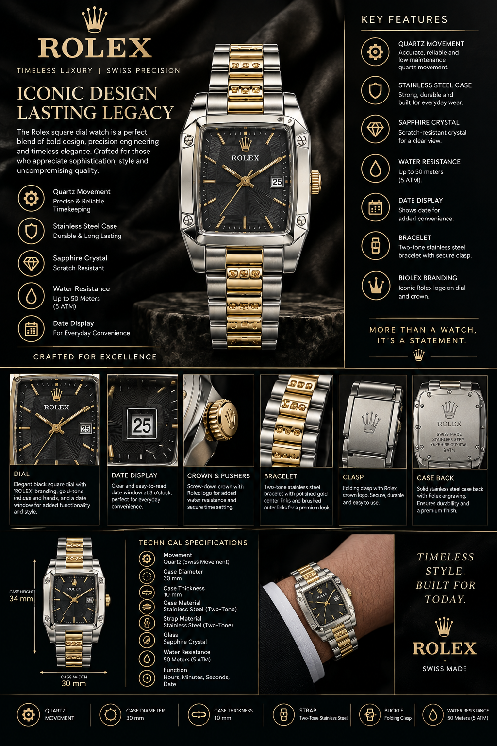 Rolex Two-Tone Luxury Watch – Black Dial, Silver & Gold Bracelet