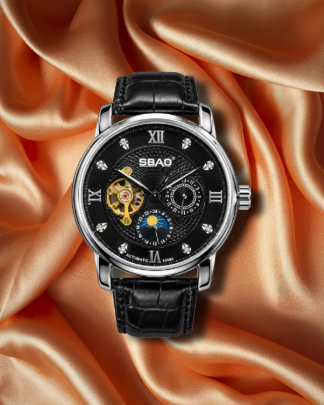 SBAD Luxury Automatic Watch – Black Skeleton Dial, Silver Case & Premium Leather-Rubber Combo Strap