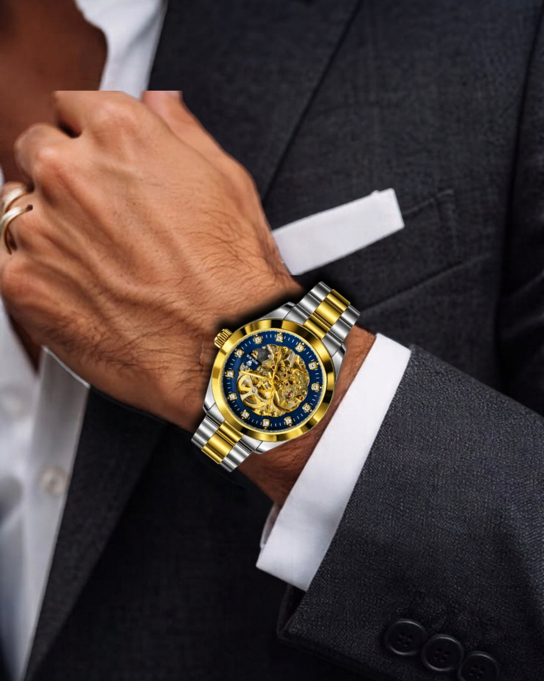 Rolex Luxury Automatic Watch – Blue Skeleton Dial, Gold & Silver Two-Tone Bracelet