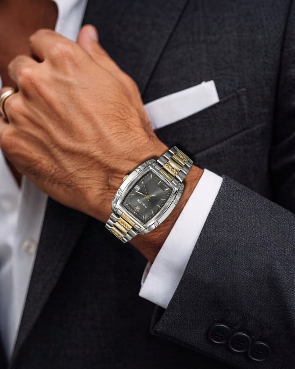Rolex Two-Tone Luxury Watch – Black Dial, Silver & Gold Bracelet