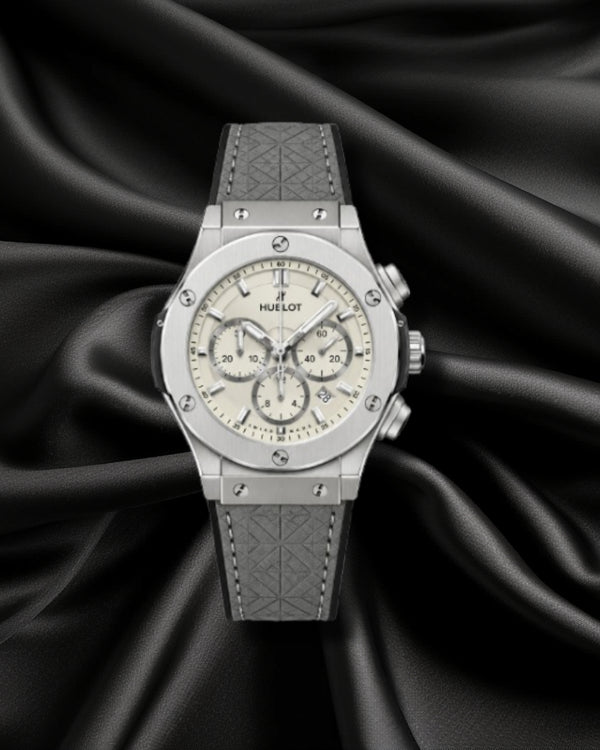 Hublot Luxury Chronograph Watch – Silver Dial with Premium Leather & Rubber Combo Strap