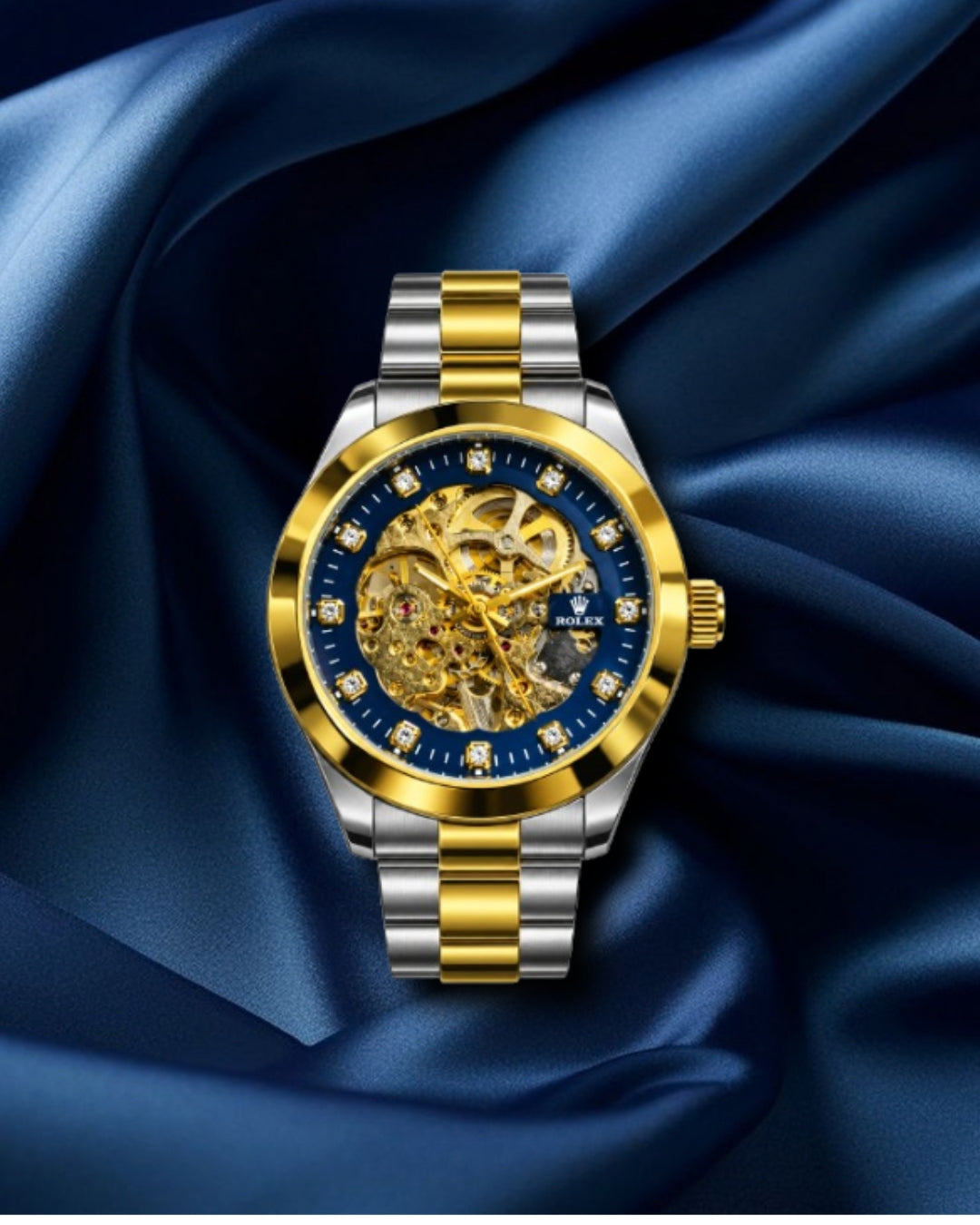 Rolex Luxury Automatic Watch – Blue Skeleton Dial, Gold & Silver Two-Tone Bracelet